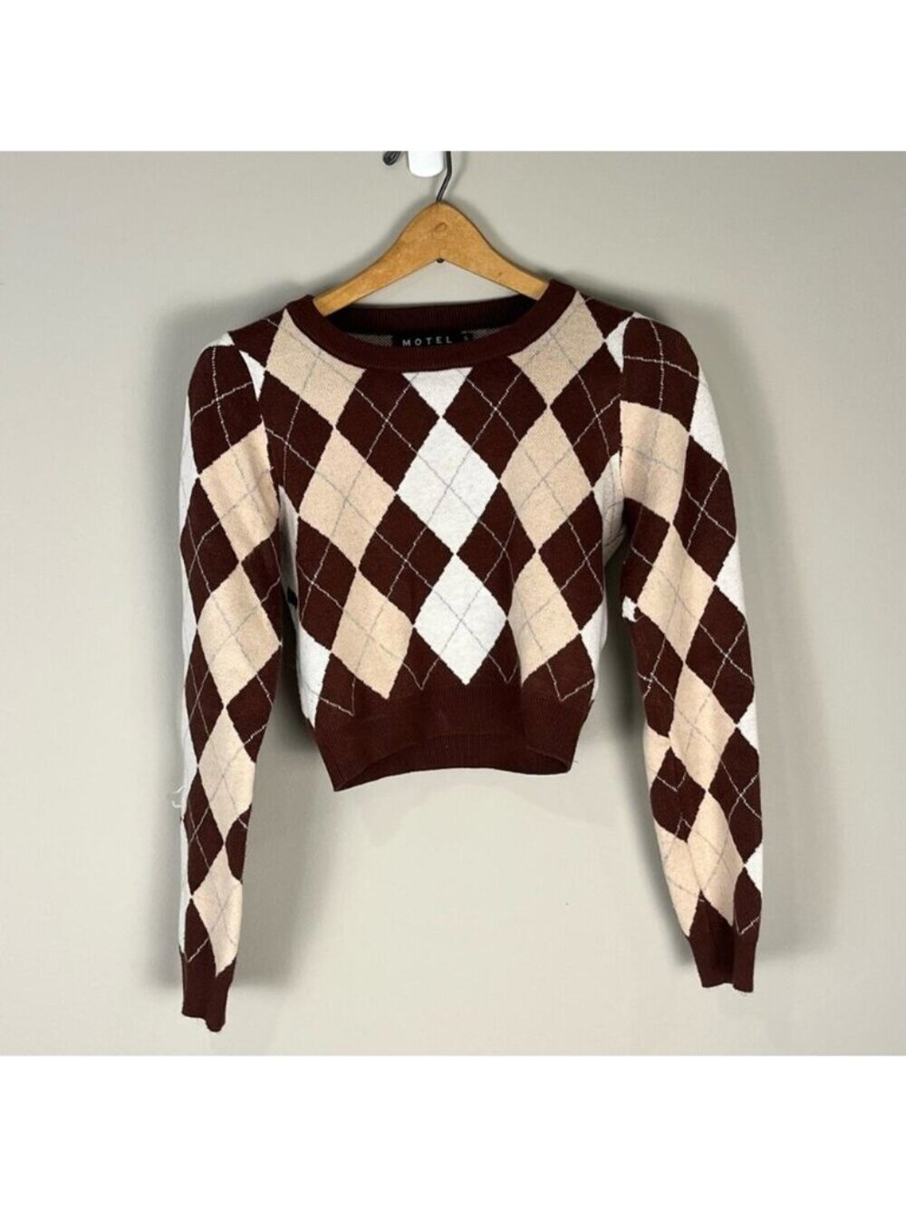 Motel Cropped Argyle Sweater Academia Office Brown Chic School Preppy Size Small